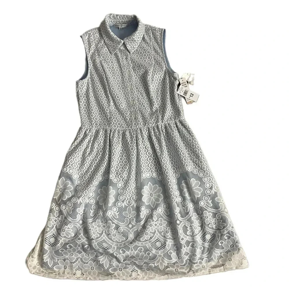 NWT Sandra Darren White Blue Lace Overlay Sleeveless ALine Dress 12